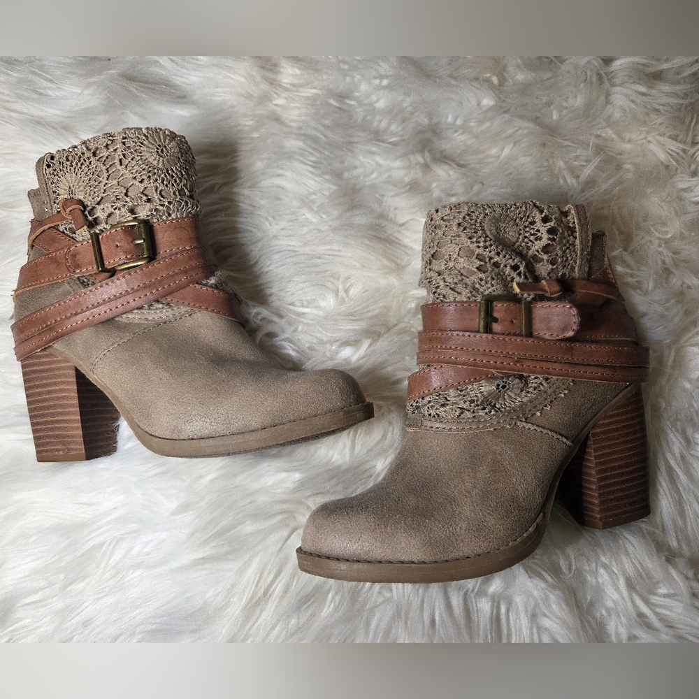 Sugar Taupe Ankle Booties with Lace Cuff and Buckle Straps-Size 7 (Worn Once)
